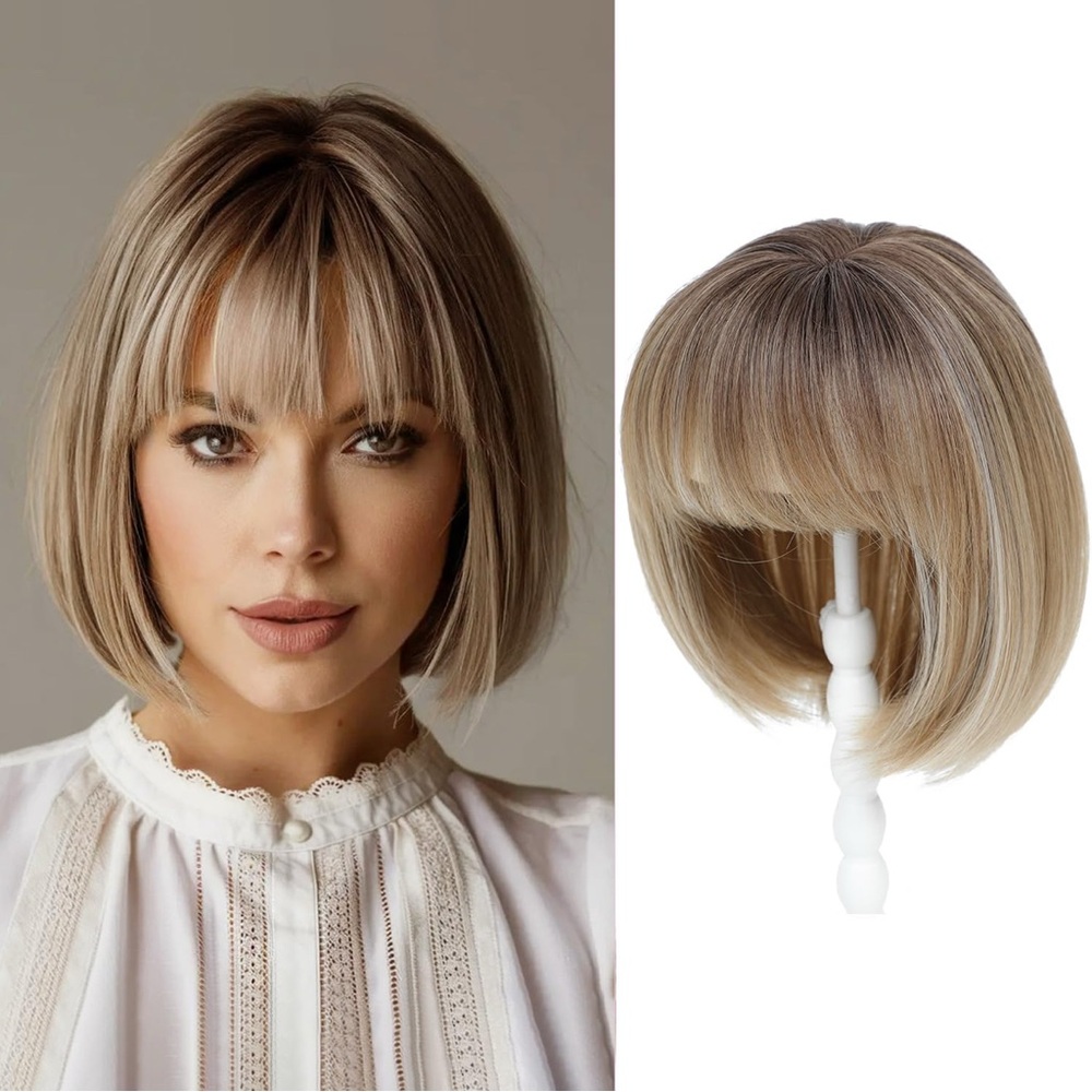 Short Bob Hair Topper with Bangs – Ombre Dark Blonde Synthetic Clip in